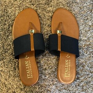 Italian shoemakers sandal in cognac and navy blue. Women’s size 9.